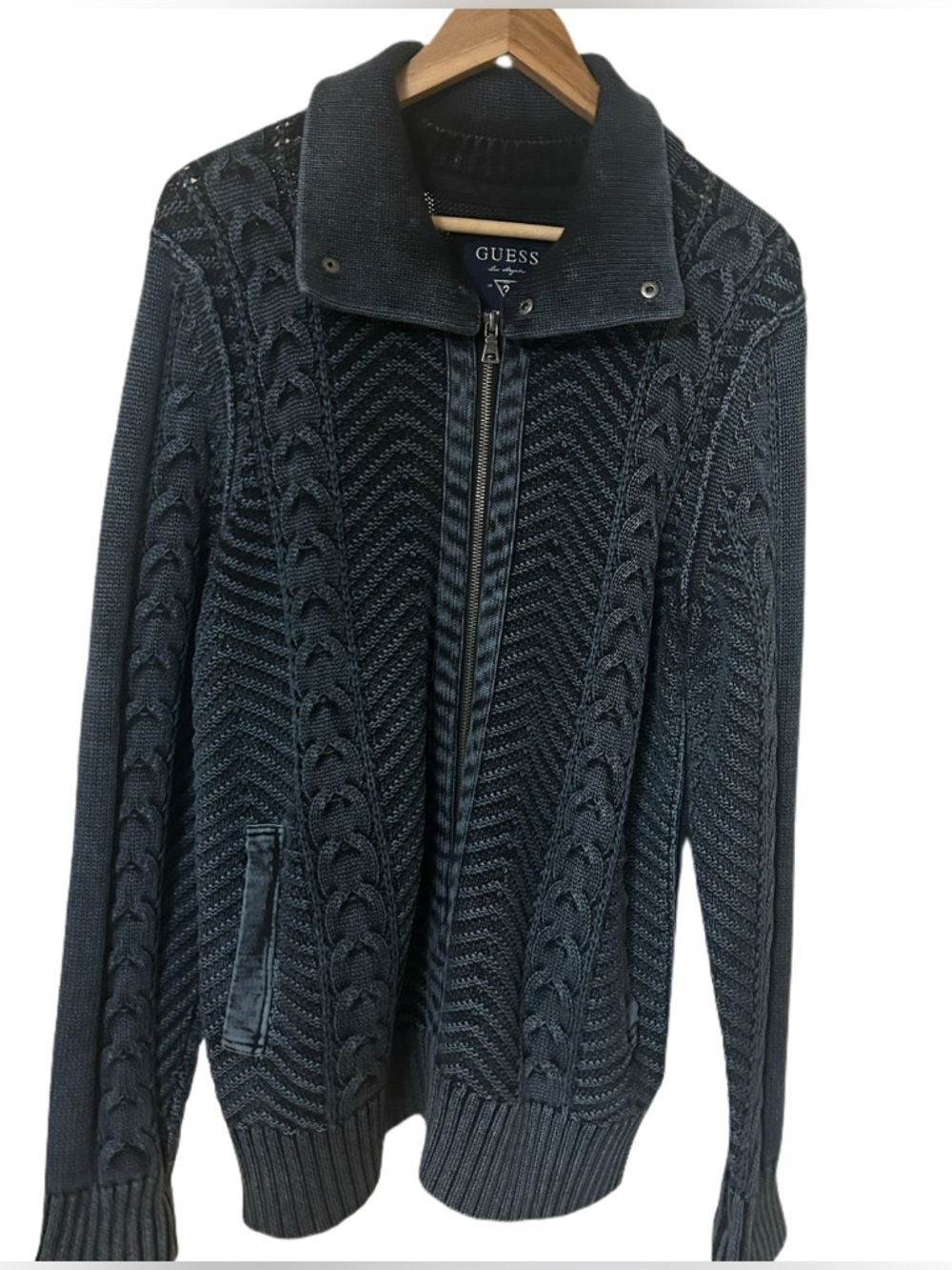 GUESS Men's Navy Zip-Up Cable Knit Sweater Jacket